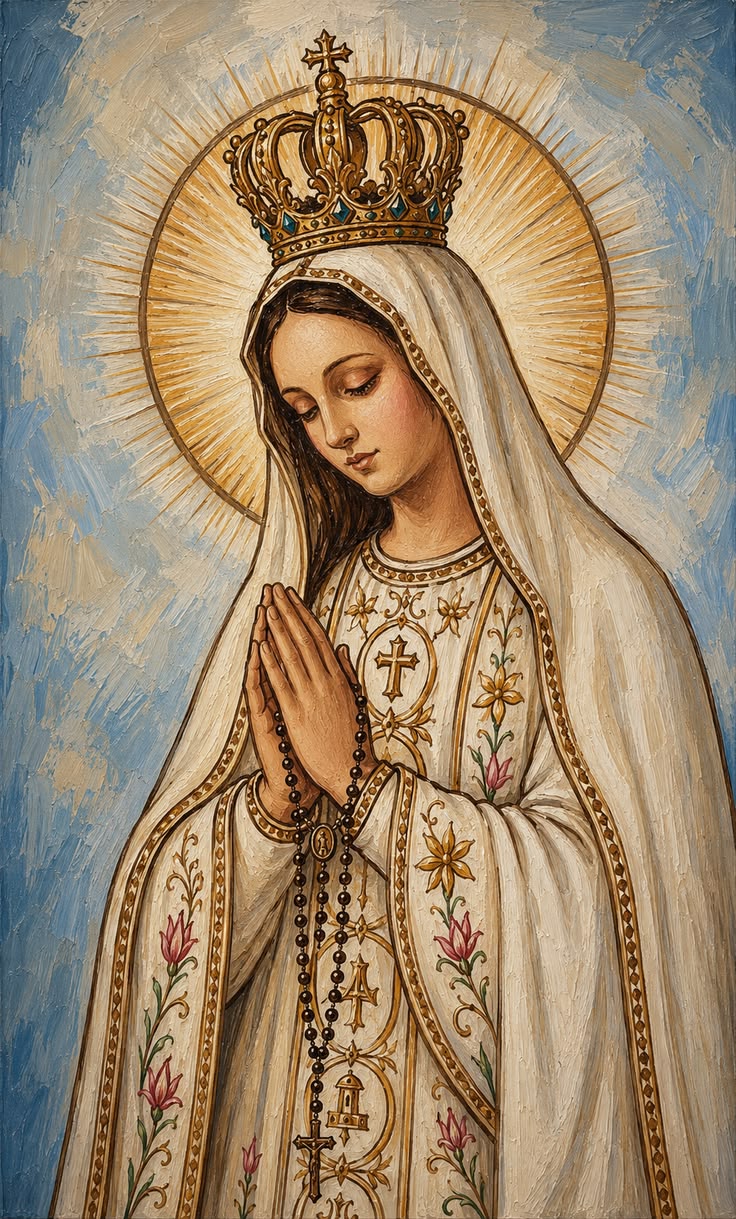 Illustration de la Vierge Marie couronnée, tenant un chapelet